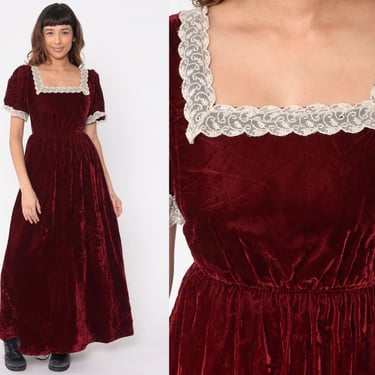 Velvet Maxi Dress 70s Wine Red Party Gown Puff Sleeve Empire Waist Lace Trim Bohemian Seventies Prom Holiday Vintage 1970s Small 4 