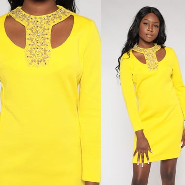 Yellow Mini Dress 60s Party Dress Beaded Cutout Sheath Dress Retro Wiggle Glam Formal Cocktail Long Sleeve Vintage 1960s Wool Blend Small S 
