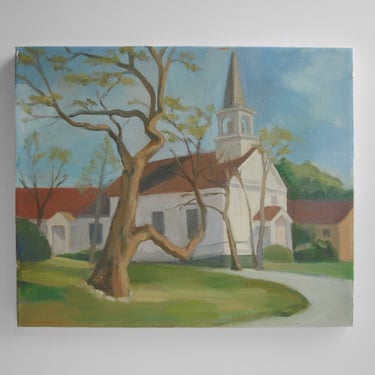 Vintage Original Painting of a Church on Stretched Canvas 
