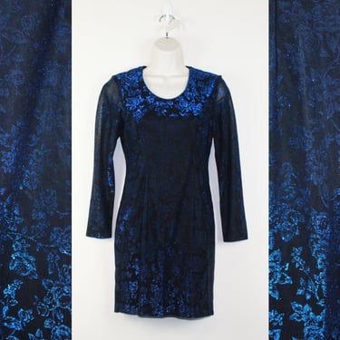 Vintage 1990s Metallic Blue & Black Floral Mini Dress, Size Extra Small 