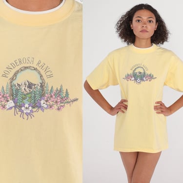 Ponderosa Ranch Shirt 90s Lake Tahoe T-Shirt Floral Mountain Forest Trees Columbine Graphic Tee California TShirt Vintage 1990s Medium 