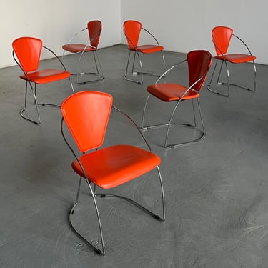 1 of 6 Vintage Postmodern Orange Dining Chairs in the Style of Linda Chair by Arrben, Faux Leather and Chromed Steel, 1990s Italy 