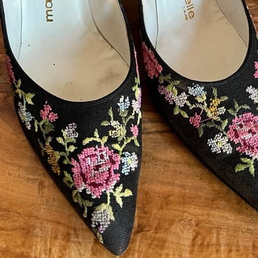 vintage 1950s black floral needlepoint pumps heels shoes 7.5 B 