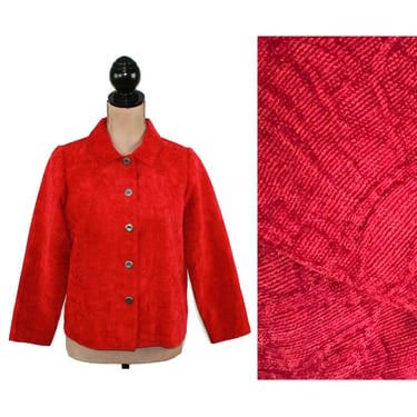 Red Jacket Petite Small - Boxy Loose Fit Chenille Tapestry Tone on Tone Collared Button Up Casual Clothes Women Vintage 90s Y2K STUDIO WORKS 