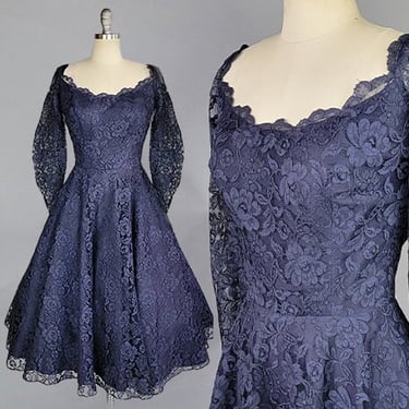 1950s Oleg Cassini Dress / Lace Party Dress / Navy Lace Dress / 1950s Party Dress / 1950s Evening Dress / 50s Fit & Flare / Size Small 