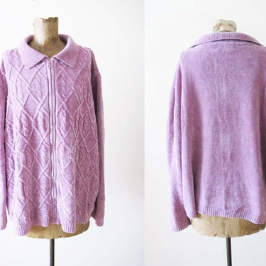 Vintage 90s 2000s Chenille Knit Zip Up Sweater XL Baggy Oversized - Lavender Purple Pink Pastel Cozy Cable Knit Jacket 
