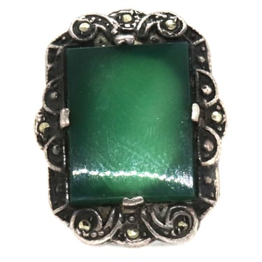 1930's Vintage Art Deco Sterling Silver, Marcasite and Chrysoprase Lady's Ring 