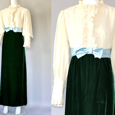 1960s Crepe and Velvet Shirt Waist Formal Full Length Gown with Satin Bow Waist Sash - Large 