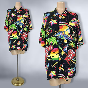 VINTAGE 90s Jams World Planet Hollywood Space Surfer Hawaiian Shirt Sz Large | 1990s Unique Neon Print Button Luau Hula Shirt | VFG 
