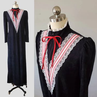 1970s Velour Robe in Goth Victorian Revival by Louise D - 70s Sleepwear 70's Loungewear Women's Vintage Size Small 