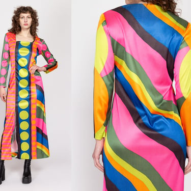 Medium 60s Colorful Psychedelic Kaftan Dress | Vintage Boho Long Sleeve Maxi Hippie Caftan 