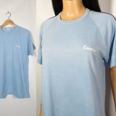 Vintage 70s Cancun Tourist Destination Tshirt Comfy Soft Pinstripe Sleeve Size L/XL 