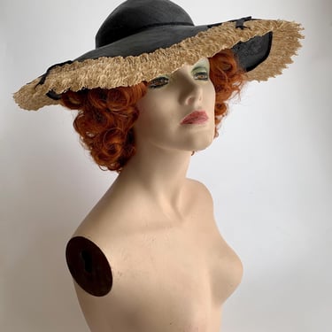 Vintage 1940's-50's Wide Brimmed Hat - AMERICAN DESIGN Original - Fine Black Straw - Natural Raffia Edging with Bow Details 