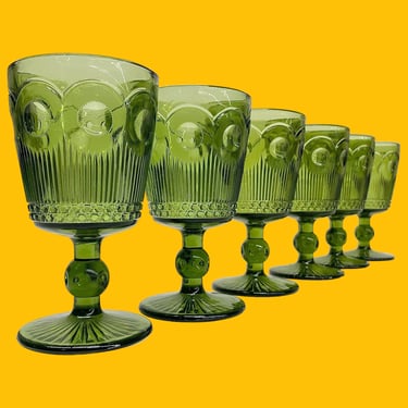 Vintage Bartlett Collins Water Goblets Retro 1960s Mid Century Moden + St. Genevieve + Green Glass + Bullseye + Set of 6 + MCM Bar Glassware 