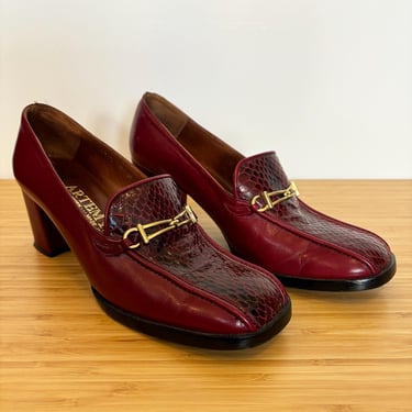 Vintage 1970s Burgundy Loafers Chunky Heel Snakeskin/ 70s Artemys Loafers Equestrian 7M 