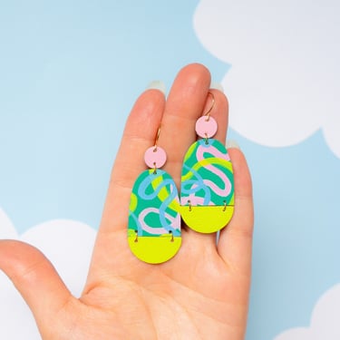 Happy Pill Squiggle Earrings in Cerulean / Pink - Lightweight Statement Leather earrings 