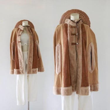 60s/70s suede cape poncho - 1960s 1970s tan brown boho hippie leather jacket capulet womens one size bohemian 