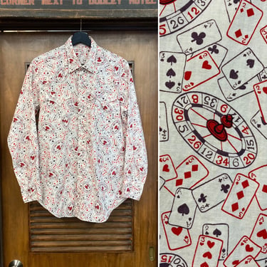 Vintage 1960’s Cotton Gambling Playing Card Roulette Western Cowboy Rockabilly Shirt, 60’s Snap Button Shirt, Vintage Clothing 