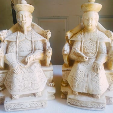 Mid Century Emperor and Empress Figurines, Carved Chinese Figurines, Oriental Decor, Home Decor 