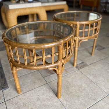 Vintage Rattan & Glass End/Side Tables