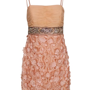 Sue Wong - Pale Pink Sheath Dress w/ Floral Appliques &amp; Beaded Waist Sz 10