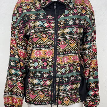 Vintage 1980s Cervelle Multicolor Silk Windbreaker With Aztec Print 