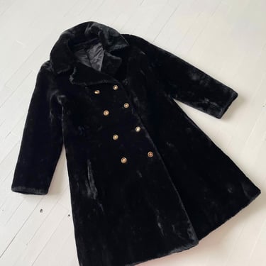 1970s Black Faux Fur Double Breasted Coat 