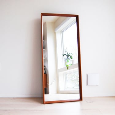 Restored Danish Mid Century Modern Large Full Length Wall-Hanging Teak Framed Mirror D. M. Spejle Made in Denmark 