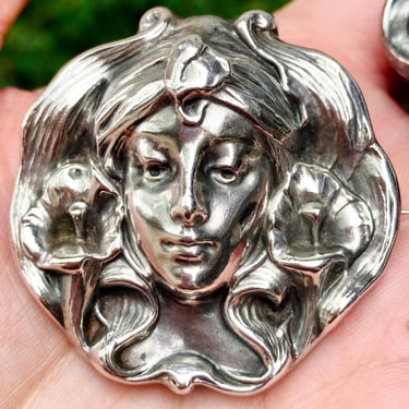 William Link Large Antique Sterling Silver Brooch Art Nouveau Woman w/ Flowers 