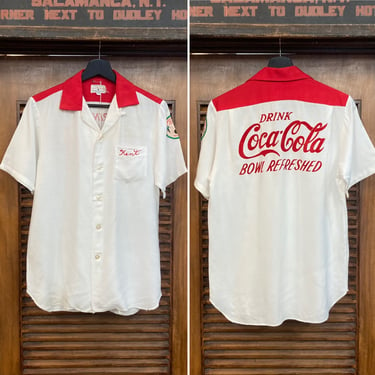 Vintage 1950’s Coca-Cola Soda Flocked Detail Rayon Bowling Shirt, 50’s Vintage Clothing 