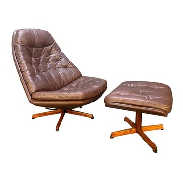 Vintage Danish Mid Century Modern Leather and Rosewood Lounge Chair and  Ottoman Ms68 by Madsen and Schubell 