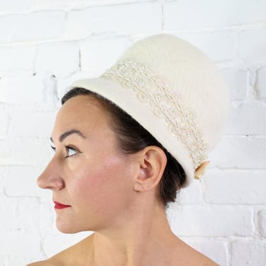 1960s Creme Mohair Bubble Hat | 60s White Mohair High Crown Hat | Jackie O Style | Noreen Fashions 