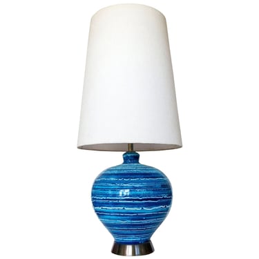 Mid-century Variegated Blue Striped Glaze Ceramic Lamp 