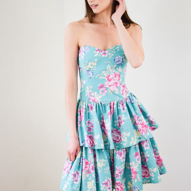 Vintage 1980s Laura Ashley Party Dress | M | 80s Strapless Cotton Floral Print Dress with Tiered Skirt 