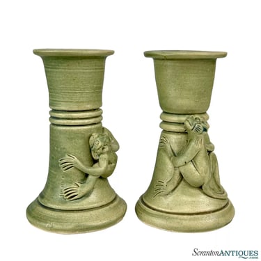 Vintage Balinese Soapstone Celadon Green Monkey Candlestick Holders - A Pair