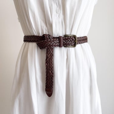 brown braided leather belt 90s vintage woven leather belt 