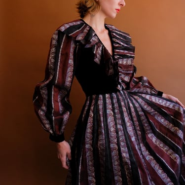 Vintage 60s Velvet and Lamé Gown with Balloon Sleeves/ 1960s Dark Paisley Dress/ Size XS Small 