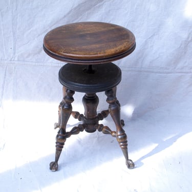Antique Piano Stool Ball and Claw Foot Stool Glass Ball Adjustable Wooden Stool Wood Swivel Stool Primitive Victorian 