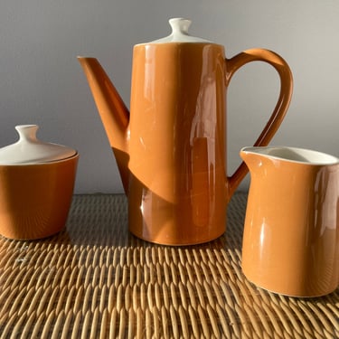 Mid Century Modern Orange Coffee Pot SugarBowl and Cream Pitcher 