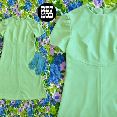 Cute Atomic Vintage 60s 70s Pastel Green Textured Rose Patterned Solid Scooter Dress 