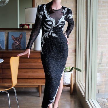 Evening Gown, Vintage 1980s, A.J. Bari Beaded Maxi Dress, Small Women, Asymmetrical, Black White Silver 