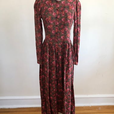 Laura Ashley Pink and Red Floral Print Dress - 1980s 