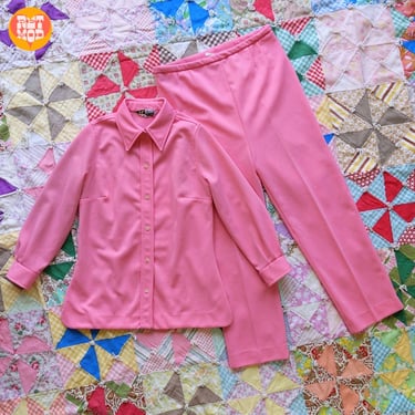 Happy Vintage 60s 70s Pink Polyester Two-Piece Pants Set Suit 