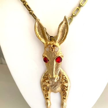 Vintage D & E Juliana Donkey Reticulated Pendant Necklace, Large Gold Tone Pendant and Brass Necklace, Red Glass Eyes, 70s Retro Jewelry 