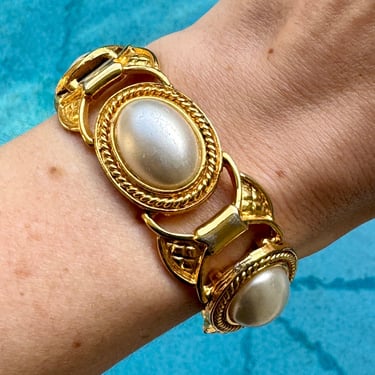 70s Designer Etruscan Gold & Pearl Bracelet
