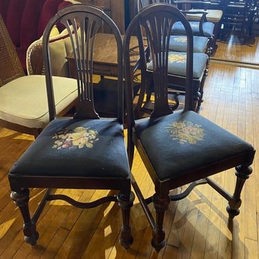 Dark Wood Dining Chair w Blue and Floral Embroidered Seat