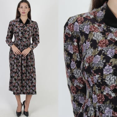 80s Laura Ashley Dress Pioneer Pilgrim Velvet Collar Floral Corduroy Maxi 
