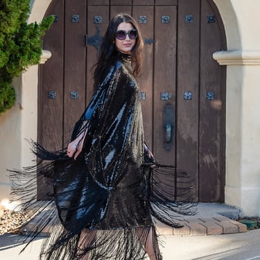Blackest Ink Sequin Mockneck Caftan Kaftan Dress with Slip 