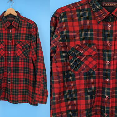 Vintage Seventies Adams Row Red Green Wool Blend Plaid Flannel Button Up - Men's Large Plaid Long Sleeve Shirt 