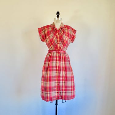 1940's 50's Red Orange Plaid Tartan Cotton Day Dress Shirtwaist Style Collared Short Sleeves Rockabilly Swing Kenrose  31